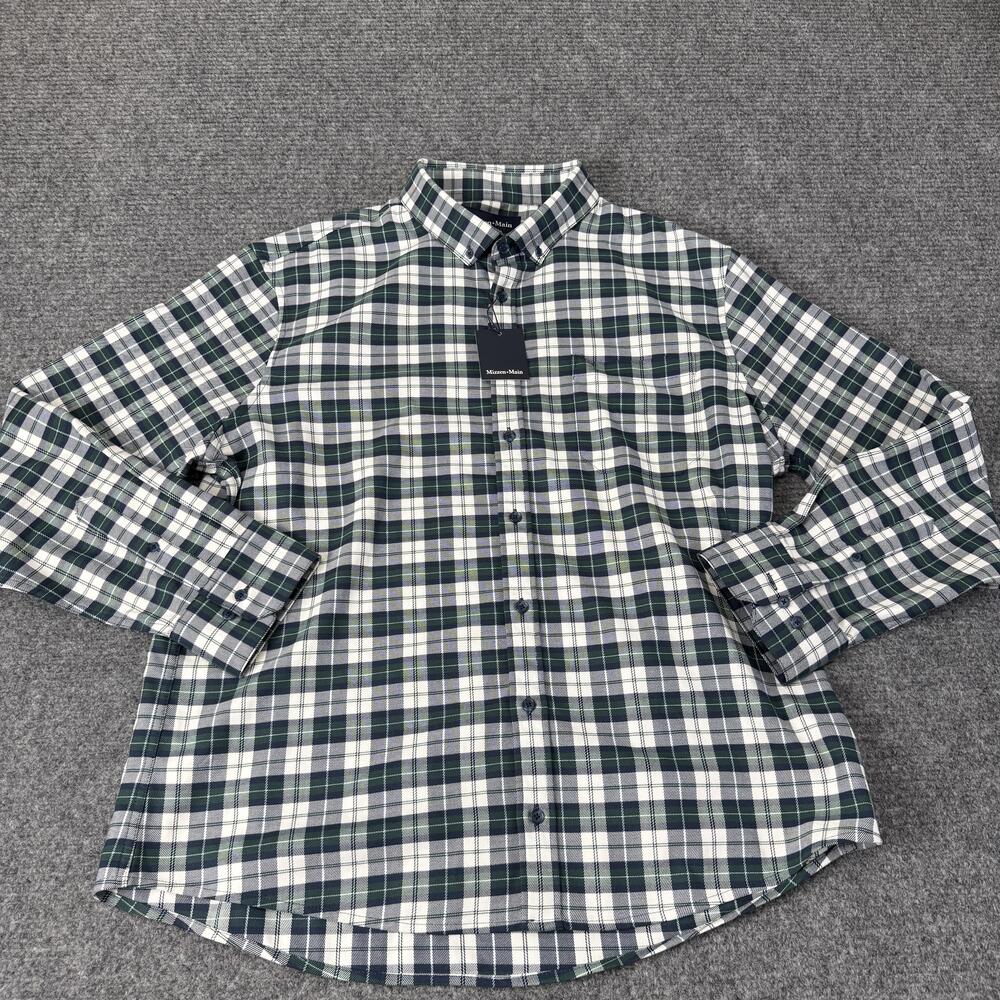 Mizzen+Main Shirt Mens 2XL White Kent Plaid City Flannel Stretch Button Down